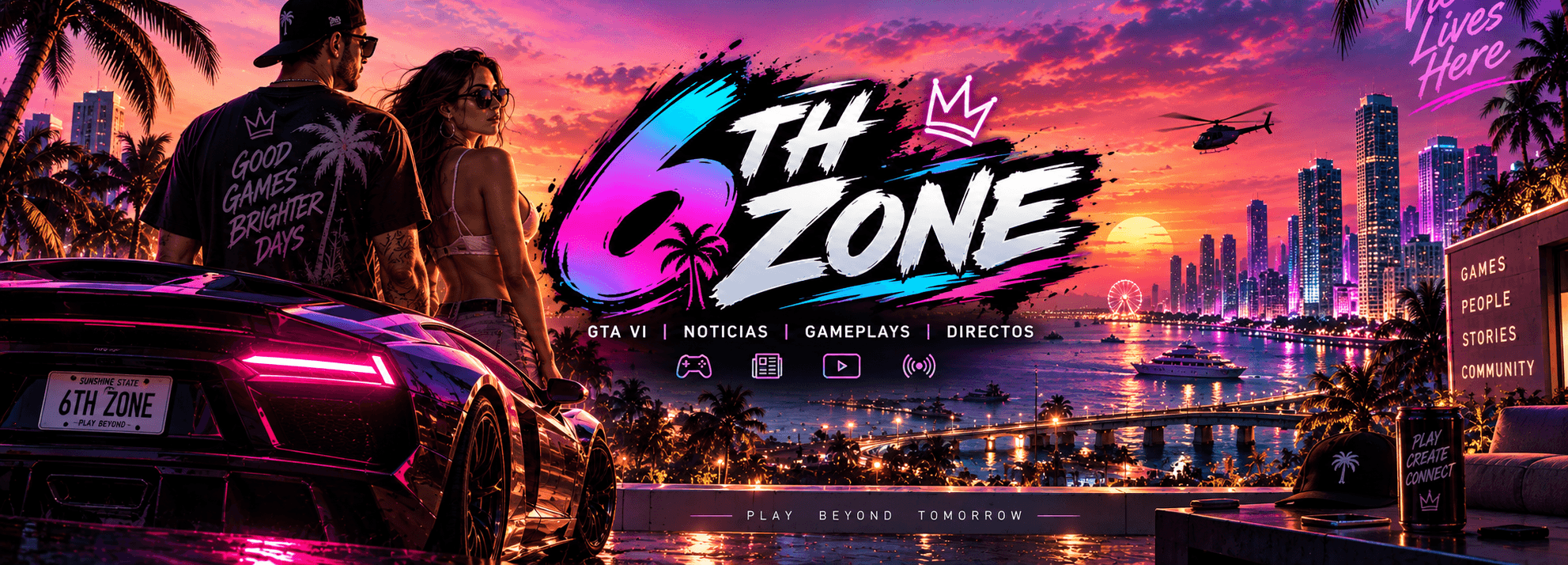 Atardecer en una ciudad costera de estilo Miami con palmeras, un deportivo y el logo de 6thZone en el centro