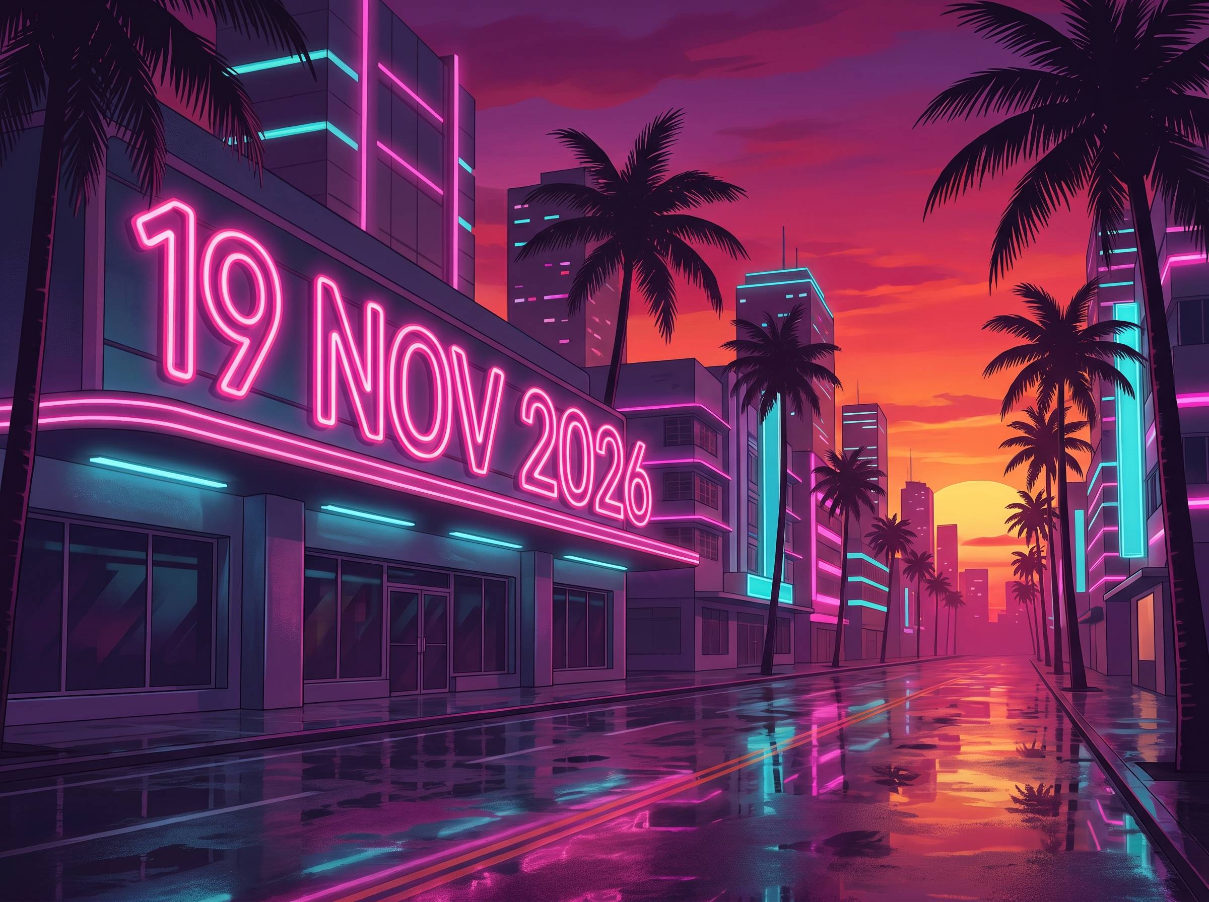 Ilustración de un letrero de neón que dice 19 NOV 2026