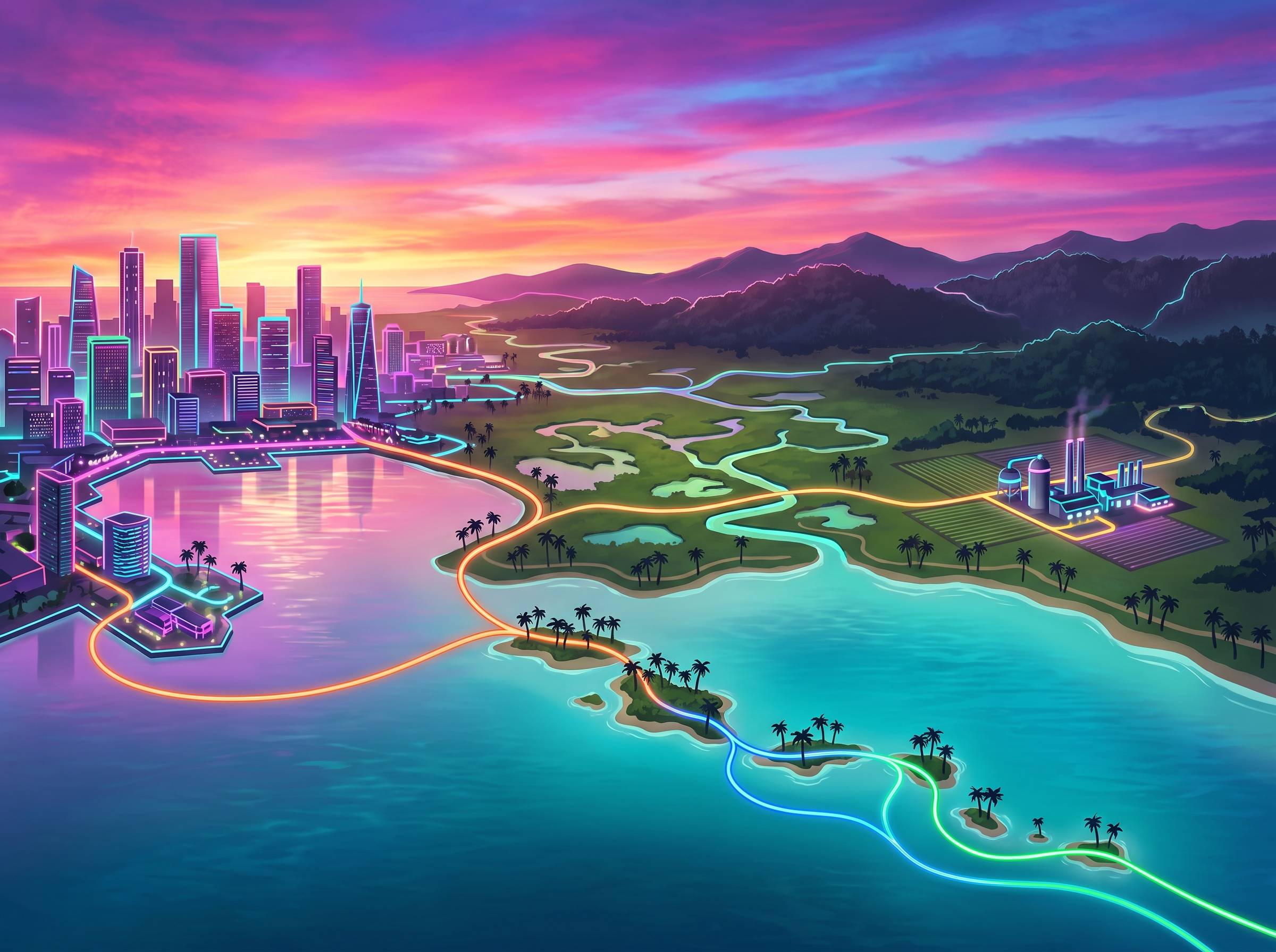 Ilustración de un mapa tropical con una ciudad de neón, cayos y pantanos