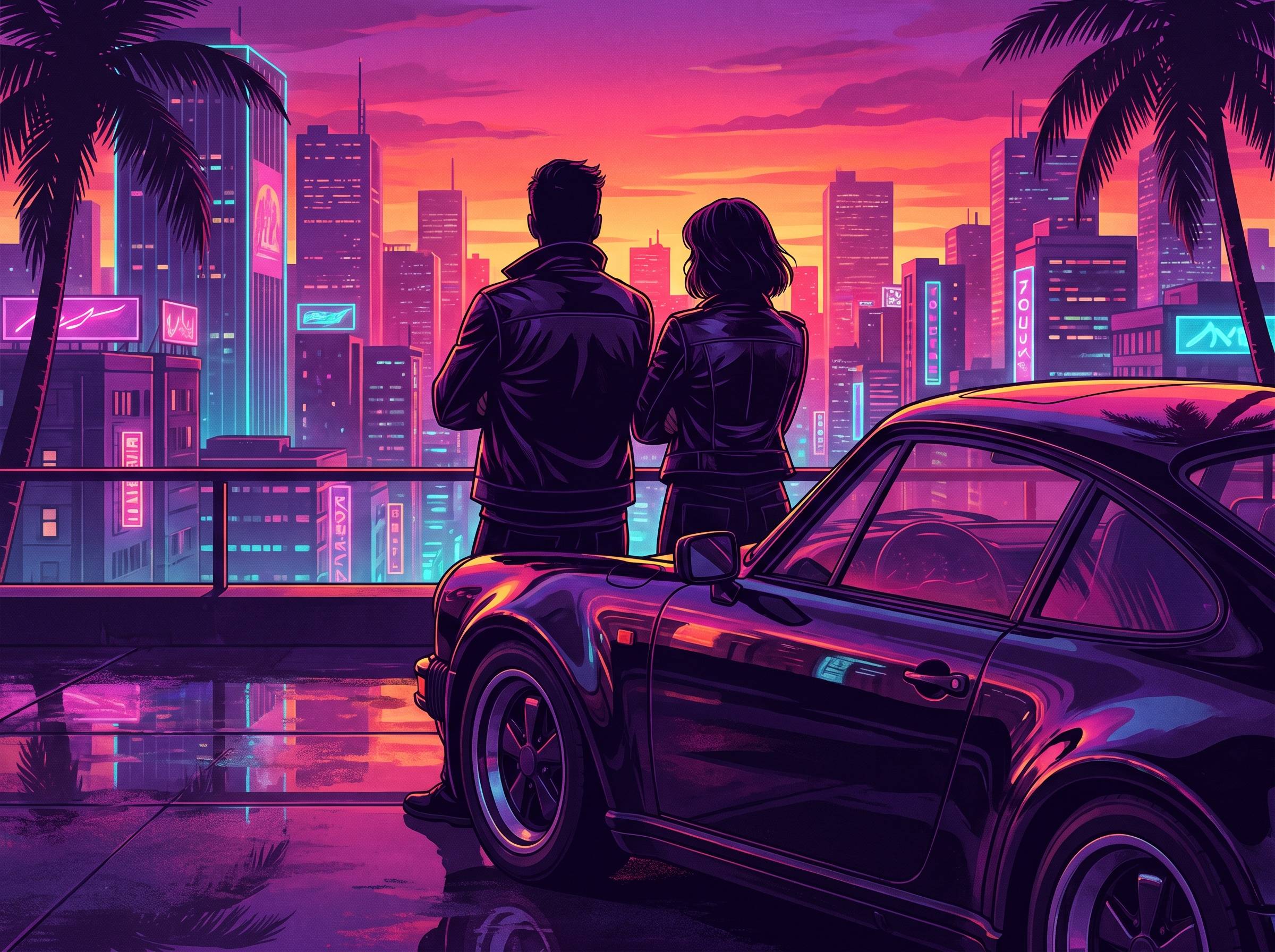 Ilustración de una pareja de espaldas junto a un deportivo frente a la ciudad
