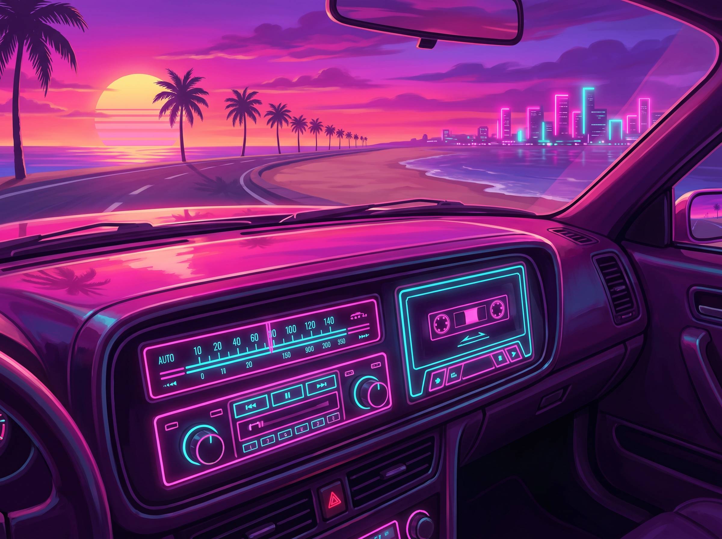 Ilustración de una radio de coche iluminada frente a una playa al atardecer
